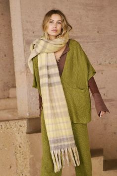 Falling For You Brushed Plaid Scarf - Free People - Organic Lemon Free People Fall, People Falling, Winter Knit Scarf, Ivory Bridal Veil, Cowl Neck Scarf, Bohemian Blanket, Free People Accessories, Boho Scarfs, Striped Blankets