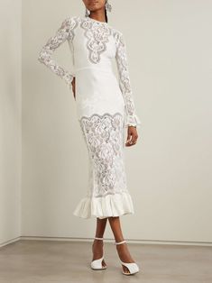 Luxury Feminine Lace Midi Dress, Long Sleeve Lace Wedding Dress Vintage, White Lace Dress, Luxury Scalloped Lace Midi Dress, Elegant Zara Lace Midi Dress, Rehearsal Dinner Outfit, Off-white Midi Dress With Lace Trim For Brunch, Zimmerman White Lace Dress, Rehearsal Dinner Outfits