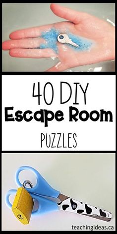 the words, 40 diy escape room puzzles are in front of a hand holding a pair of scissors