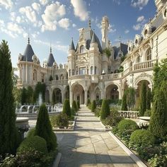 a large white building with lots of trees and bushes around it's courtyard area