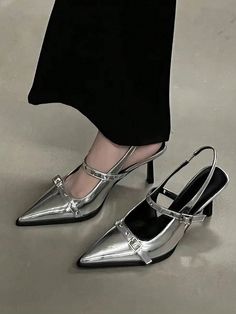 Silver  Collar     Embellished   Women Shoes Zapatos Mary Jane, Dr Shoes, High Heel Mules, Heel Mules, Thick Heel, Mary Jane Heels, Jane Shoes, Silver Shoes, Black High Heels