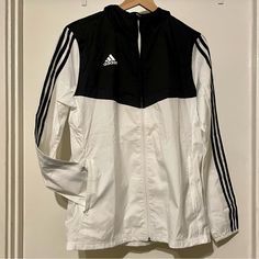 Adidas Tiro Hoodie Jacket Women’s Size S White & Black With Black Stripes Zipper Closure & 2 Front Pockets Brand New With Tag - Never Worn! White Track Jacket For Winter Outdoor Activities, Adidas White Athleisure Track Jacket, White Sportswear Hooded Jacket, Casual White Hooded Windbreaker, White Adidas Track Jacket For Winter, Adidas White Track Jacket For Winter, Adidas White Winter Track Jacket, White Adidas Windbreaker For Spring, White Hooded Jacket With Long Sleeves For Sports