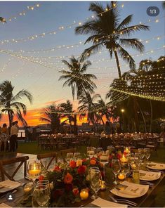 an outdoor dining area with lights strung over the tables and palm trees in the background