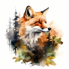 a watercolor painting of a fox with trees in the background