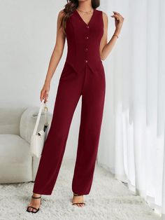 Ladies' Solid Color Button Down Vest And Straight Pants Suit Burgundy Elegant  Sleeveless  Plain  Medium Stretch Fall/Winter Women Clothing, size features are:Bust: ,Length: ,Sleeve Length: Suit With Vest Woman, Sleeveless Suits For Women, Womens Business Professional, Deer Dress, Office Wear Women, Sleeveless Suit, Blazer Set, Business Suit, Down Vest