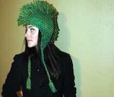 This is an amazing crochet green mohawk statement hat is handmade . This unisex style hat will make a great gift for men and women, girls and boys. It has ear flaps and tassels that hang down and a fringe Mohawk down the center. It has been crochet with super thick and warm vivid green yarn. It is double threaded and super warm. It has a lot of charm and spunk. Perfect holiday/ christmas gift. one size fits most. Hand wash in cold water and lay flat to dry. Ask me about wholesale and boutique or Green Fun Crochet Hat For Winter, Fun Green Crochet Hat For Winter, Green Fun Crochet Hat, One Size, Green One-size Fun Crochet Hat, Green Fun Crochet Hat One Size, Crochet Boyfriend, Green Mohawk, Statement Hat, Yellow Yarn