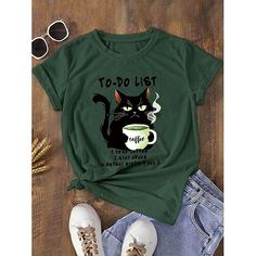 Category:T-shirt; Season:Summer; Fabric:100% Cotton; Sleeve Length:Short Sleeve; Gender:Women's; Style:Casual; Elasticity:Micro-elastic; Tops Type:T Shirt; Occasion:Daily; Top Length:Regular Tops; Fit Type:Loose Fit; Pattern:Letter,Cat; Design:Print; Neckline:Crew Neck; Brand:Shall We; Listing Date:07/05/2024; Bust:null; Length:null; Sleeve:null; Fit US Size:null; Fit UK Size:null; Fit EU Size:null; Print Type:Hot Stamping Shirt Slogans, Avocado Shirt, Do List, Cat Dad Gifts, Boho Clothes, Grumpy Cat Humor, Bad Cats, Animal Cartoon, Women Humor