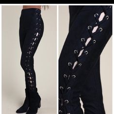 Side Laced Faux Suede High Waisted Pants Lace Up Crotch Pants, Lace Up Pants Side, Perfect Leggings Lace, Side Lace Up Pants, Edgy Fitted Pants For Fall, Edgy Fitted Fall Pants, Edgy High-waisted Leggings, Edgy High Waist Bottoms For Fall, Edgy High-waisted Pants For Fall