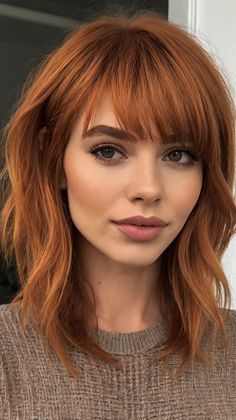 Chic Copper Hair Color IdeasTousled Bob with Copper Bobs, Copper Long Bob, Short Copper Hair With Bangs, Makeup For Copper Hair, Cooper Short Hair, Auburn Bob Haircut, Copper Balayage Bob, Copper Bob With Bangs, Balayage Copper Hair