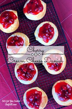 cherry cream cheese danishs on a cooling rack with the words cherry cream cheese danish