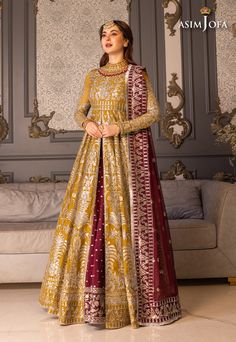 Color: Butterscotch & PlumDupatta fabric: ChiffonPeshwas fabric: ChiffonLining fabric: Cotton SilkLengha fabric: Cotton SilkEmbroidery technique: Zari & Sequins PRODUCT DETAILS: Asim Jofa's latest collection ‘MERA HASEEN JORA’ is a true representation of his exquisite craftsmanship. The majestic combination of butterscotch and plum is a bold statement, enhanced by the designer's masterful use of zari and sequins embroidery technique. The intricate golden cultural motifs that adorn the entire ensemble, including the peshwas, lehenga, and dupatta, showcase the designer's attention to detail and expertise. The dupatta's border work and broad borders on the peshwas daman and lehenga border are an example of jofa's unmatched skill. This is an ensemble that represents regal elegance and timeless Asim Jofa, Latest Bridal Dresses, Organza Sleeves, Pakistani Fancy Dresses, Bridal Dress Design, Fancy Dress Design, Indian Wedding Dress, Pakistani Outfits, Fabric Stores Online