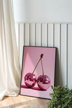 a framed photograph of two pink cherries in front of a white wall