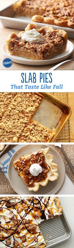 four different pictures of slab pies with chocolate drizzled on top and the bottom