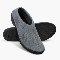 The Knit Stretch Comfort Slip Ons - Hammacher Schlemmer Comfortable Ergonomic Slip-ons With Rubber Sole, Gray Slip-ons With Arch Support And Round Toe, Gray Lightweight Comfortable Walking Shoes, Comfortable Gray Slip-on Walking Shoes, Comfortable Lightweight Gray Walking Shoes, Comfortable Slip-on Walking Shoes With Non-slip Sole, Comfortable Non-slip Slip-on Walking Shoes, Comfortable Gray Walking Shoes With Ortholite Insole, Ergonomic Slip-resistant Walking Shoes