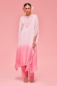 Shop for Nachiket Barve Peach Chiffon Ombre Kaftan Tunic And Palazzo Set for Women Online at Aza Fashions Pink Kaftan, Kaftan Set, Ombre Tunic, Kaftan Tunic, Scallop Border, Palazzo Set, Embroidered Neckline, Embroidered Silk, Pink Fabric