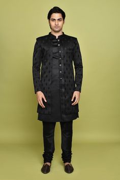 Black sherwani featuring leaf pattern. Paired with a solid sleeveless inner kurta. - Aza Fashions Designer Black Nehru Jacket With Chikankari Embroidery, Black Straight Kurta Sherwani For Navratri, Black Bandhgala With Cutdana For Festive Occasions, Black Nehru Jacket With Zari Work, Black Straight Kurta Bandhgala For Festive Season, Festive Black Straight Kurta Bandhgala, Black Chikankari Embroidery Sets For Reception, Black Long Sleeve Sherwani For Navratri, Black Sets With Chikankari Embroidery For Reception