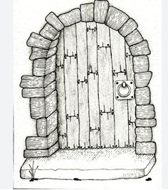 a drawing of a wooden door with a hole in the middle