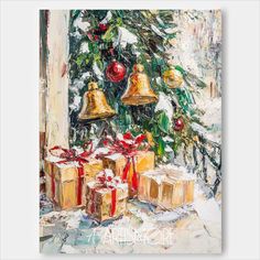 a painting of christmas presents in front of a tree with bells and ornaments on it