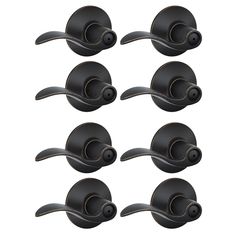 six black door handles and knobs on a white background