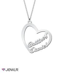 Represent true love with this simple yet romantic cutout necklace! Customize the names inside of the delicate heart-shaped design for you and your sweetheart, and complete it with your choice of Sterling Silver, 10k or 14k white, yellow or rose gold. This sweet necklace is the perfect way to treat yourself or someone you love! Sweet Necklace, Mens Engagement, Gold Name Necklace, Custom Necklace, Gold Plated Silver, Name Plate, Birthstone Jewelry, Name Necklace, Personalized Jewelry