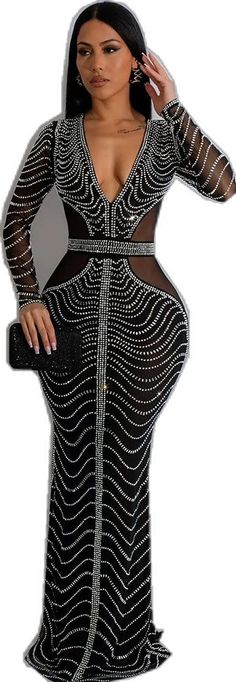 Elegant Rhinestone Dinner Dress, Elegant Dinner Dress With Rhinestones, Elegant V-neck Rhinestone Dress, Glamorous V-neck Dress With Rhinestone Fringe, Elegant V-neck Dress With Rhinestones, Chic Black Dress With Rhinestones, Black Rhinestone Dress For Formal Occasions, Elegant Bedazzled Dresses For Evening, Elegant Bedazzled Evening Dresses