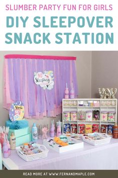 a table topped with cakes and desserts next to a sign that says summer party fun for girls diy sleepover snack station