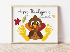 a thanksgiving card with a turkey and leaves in the background, on a wooden floor