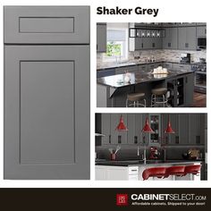 an advertisement for shaker grey cabinets in a kitchen