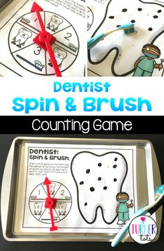 toothbrush spin and brush counting game for kids to practice counting with the teeth on it