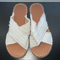 This Is An Unknown Brand But These Are New Sandals Never Worn In A Size 8.. Hard Stiff Bottom Casual Closed Toe Sandals For Day Out, Comfortable White Sandals For Vacation, White Flat Heel Sandals For Beach Season, White Slip-on Sandals For Outings, Casual White Flat Sandals, White Sandals With Textured Footbed For Beach Season, White Cushioned Sandals For Beach Season, White Closed Toe Sandals For Beach Season, White Closed Toe Sandals For Outings