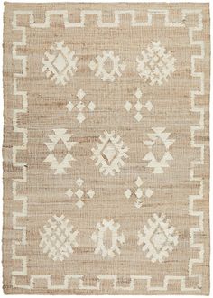 an old rug with white and beige designs on the front, in neutral tones is shown