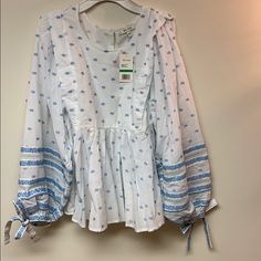 Nwt Waverly Beight White Top With Blue Details Smoke Free Home Spring Daytime Blue Blouse, Spring Blue Blouse For Daytime, White Blouse For Daytime In Spring, Draping Top, Butterfly Blouse, Multi Color Blouse, Ella Moss, Silk Tank Top, Long Sleeve Pullover Sweater