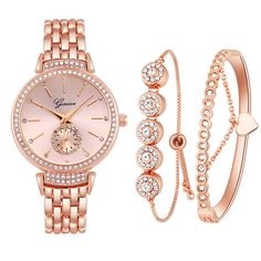 You can style up yourself in a fashionable way with this Jewelry Set by Innovato Design. The rose gold color of these pieces of jewelry will make you look even more sophisticated. The watch has a precise movement through the quartz crystal that is installed in it so you will not have worries about having a wrong time. It has rhinestones around the bezel and on the dial, beside the hour markers, and around the subdial. Meanwhile, one bracelet has a Venetian link chain and a cluster of round pendants with rhinestones. Also, the other bracelet has a band that is made up of adjacent circles with rhinestones inside, and it has a heart pendant attached to the cable link chain.  Product Highlights:   Comes in rose gold color  Movement: Quartz  Dial diameter: 1.38in  Band length: 7.68in  Band widt Adjustable Rose Gold Alloy Bracelet, Rose Gold Alloy Jewelry, Trendy Rose Gold Party Jewelry, Rose Gold Alloy Bracelets, Watch And Bracelets, Dolphin Bracelet, Wood Inlay Rings, Arrow Ring, Punk Accessories