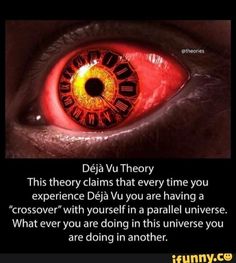 an orange eye with the words deja vu theory in it's center and below it