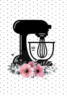 an image of a mixer with flowers on the side and polka dots in the background