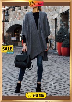 Collarless Casual Solid Cardigan Trendy Gray V-neck Outerwear, Chic Gray Winter Cardigan, Chic Gray Cardigan For Winter, Gray V-neck Outerwear For Layering, Chic Gray Cardigan For Fall, Chic Gray Sweater Coat For Fall, Gray One-size Outerwear For Fall, Versatile Gray Outerwear For Fall, Gray Open Front Trendy Cardigan