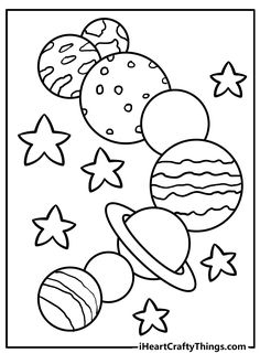 a coloring page with planets and stars