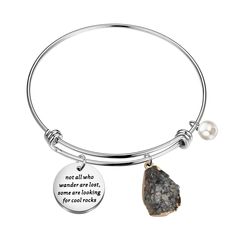 PRICES MAY VARY. Description: geologist bracelet features round charm engraved with ‘not all who wander are lost some are looking for cool rocks’ and a beautiful rock. Rockhounding gifts for people who loves collecting rocks or studying in Geology. Material: stainless steel bracelet, it is lead free and nickel free. Stainless Steel is hypo allergenic, it doesn’t rust, change color or tarnish. Easy to store and durable. Size: the adjustable wire bangle of the stainless steel rock bracelet is 6.3 Collecting Rocks, Funny Rock, Daughter In Law Gifts, Cousin Gifts, Gifts For Aunt, Cool Rocks, Wire Bangles, All Who Wander, Beautiful Rocks