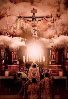 the crucifix is surrounded by clouds in front of an image of jesus on the cross