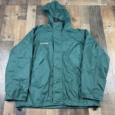 Columbia Men’s Large Rain Jacket With Hood Green Full Zip Packable Windbreaker. Jacket has small scratches and spots in front as shown in last pictures. Jacket With Hood, Windbreaker Jacket, Hooded Jacket, Columbia, Rain Jacket, Green