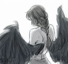 a drawing of an angel with long hair and black wings on the back of her body