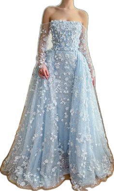 Blue Floral Embellished Gown For Gala, Blue Dress With Detachable Train And Fitted Bodice, Blue Prom Dress With Detachable Train, Elegant Floral Embroidered Ball Gown For Prom, Elegant Ball Gown With Floral Applique And Fitted Bodice, Formal Blue Dress With Detachable Train, Blue Floral Embellished Evening Dress For Gala, Blue Floral Applique Dress For Gala, Elegant Floral Embroidered Ball Gown For Gala