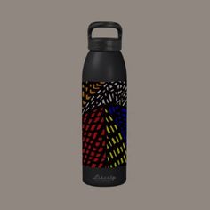 a black water bottle with an abstract design on the front and side, sitting against a gray background