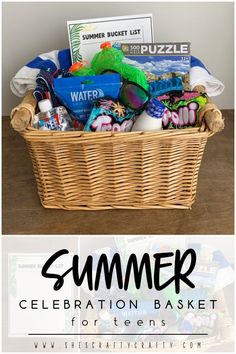 a basket filled with toys and books on top of a table next to the words, summer celebration basket for teens