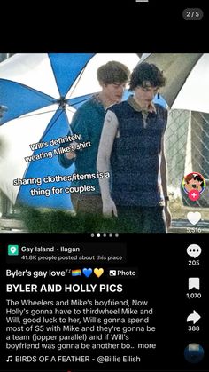 two people standing next to each other in front of an umbrella with the caption tyler and holly pics