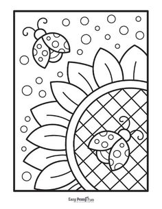 a coloring page with an image of a sunflower and a ladybug on it