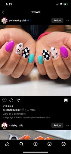 Multi Colored Checkered Nails, Trippy Checkered Nails, Fruit Nail Designs, Checkered Nails, Hair And Nail Salon, Shoe Nails, Bright Nails, Crazy Nails