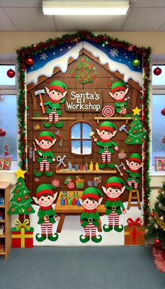 17+ Festive Christmas Classroom Door Decorating Ideas to Spread Holiday Cheer 🎄✨ Elves At Work Door Decoration, Elf Theme Office Decorations, Kindergarten Christmas Classroom Decor, Elf Cubicle Christmas Decorations, Christmas Office Theme Ideas, Christmas Theme Ideas For Office, Office Christmas Themes, Elf On The Shelf Door Decorating Contest