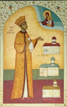 an icon with a man holding a cross in front of a building and other buildings