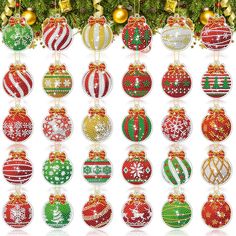 twelve christmas baubles hanging from a tree with ornaments on it's sides